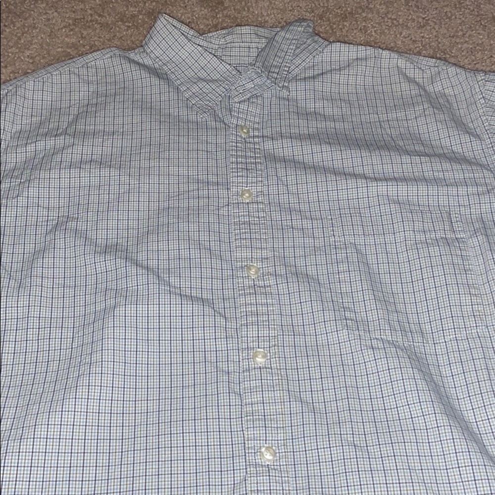 blue and green button up